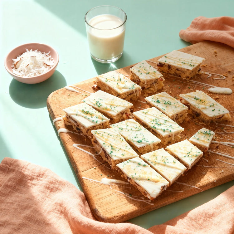 Barres sablées aux canneberges, noix de coco et chocolat blanc
