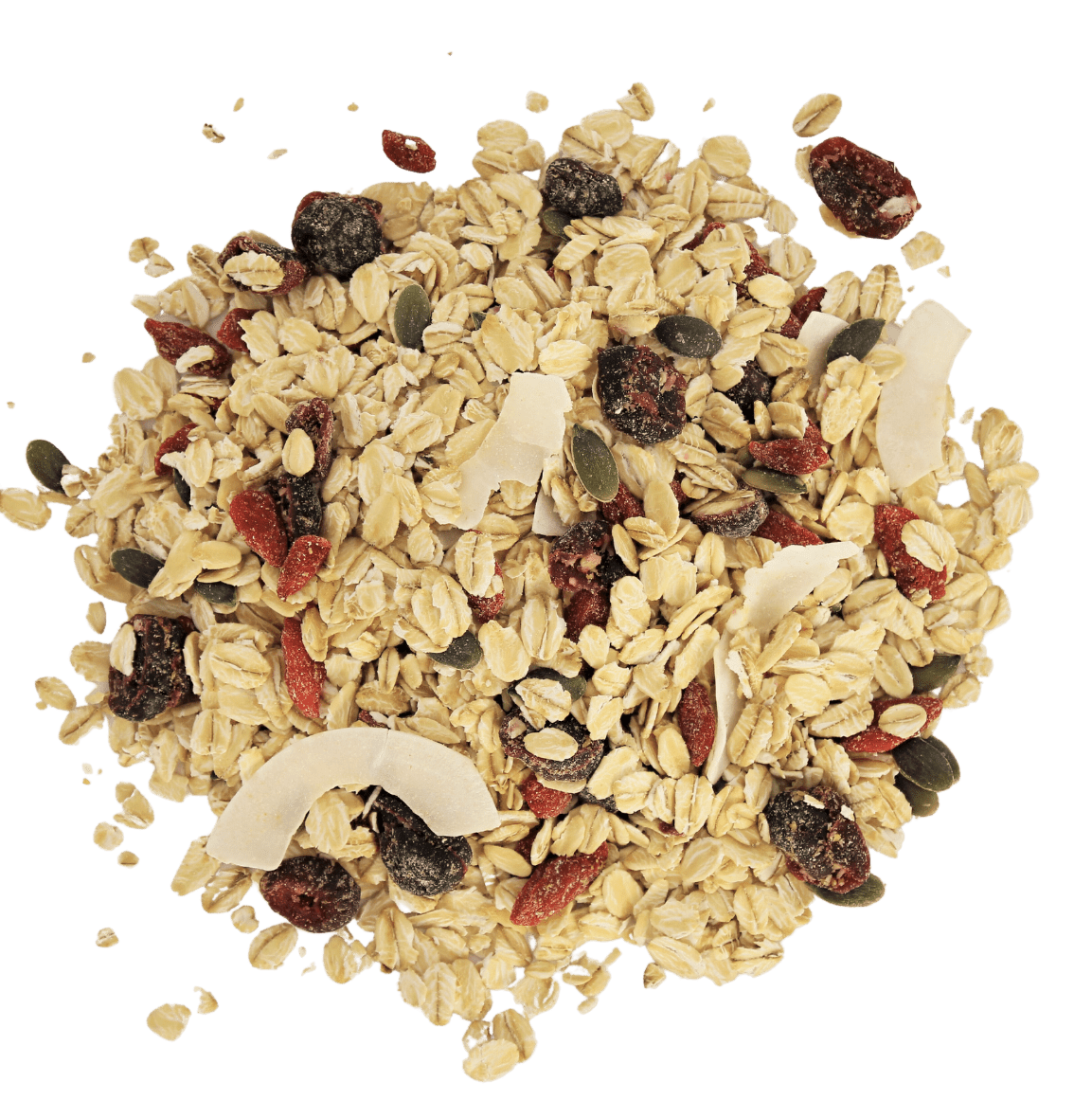 Muesli fruité flocon d'avoine, noix de coco, baies de goji, cranberries, graines de courge Gula