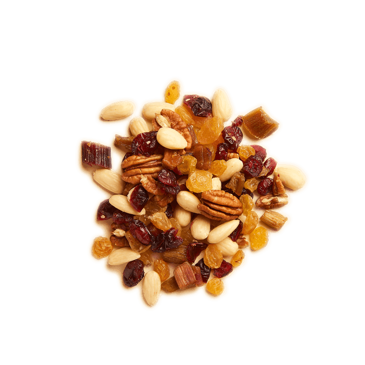 Rhubarbe à Papa amandes blanchies, amandes, raisins, rhubarbe, cranberries Gula 